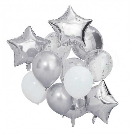 Ballon Mix - Sølv/Hvide Balloner Fødselsdag