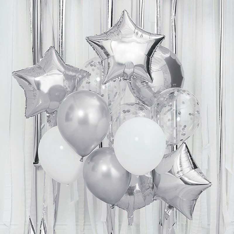 Ballonmix - Sølv/Hvide Balloner Fødselsdag