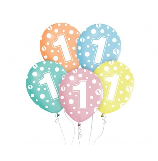 Billede af 1-års fødselsdagsballoner, 12"/ 30 cm - 5 stk. - Balloner