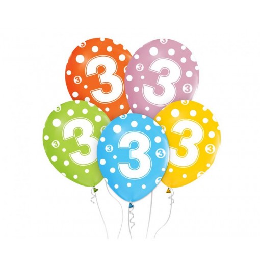 Billede af 3-års fødselsdagsballoner, 12"/ 30 cm - 5 stk. - Balloner