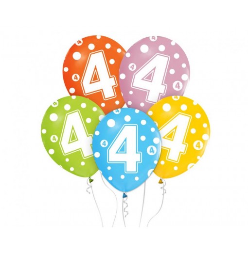 4-års fødselsdagsballoner, 12"/ 30 cm - 5 stk. Balloner