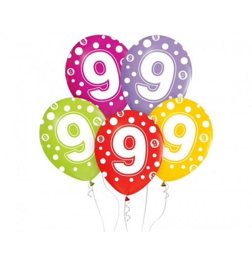 9-års fødselsdagsballoner, 12"/ 30 cm - 5 stk. Balloner