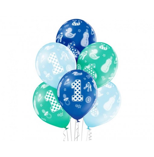 1-års balloner, blå og grøn, 12"/ 30 cm - 6 stk. Balloner