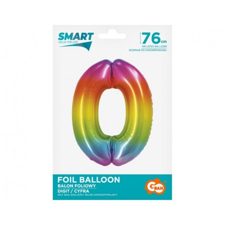 Talballon "0" regnbue metallic, 76 cm - 1414