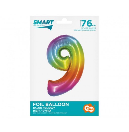Talballon "9" regnbue metallic, 76 cm Folieballoner Talballon "9" regnbue metallic, 76 cm Folieballoner