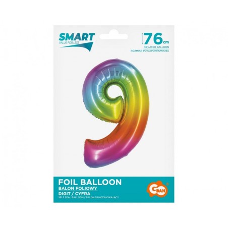 Talballon "9" regnbue metallic, 76 cm - 1433