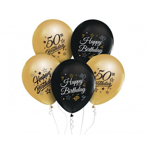 Billede af 50-års balloner guld/sort, 12"/ 30 cm - 5 stk. - Balloner