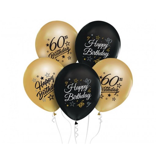 60-års balloner guld/sort, 12"/ 30 cm - 5 stk. Balloner