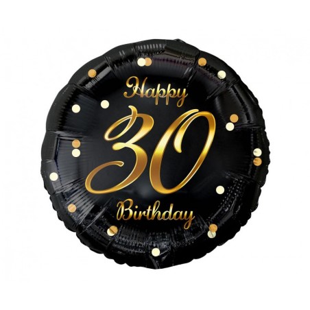 "Happy 30 Birthday" sort/guld folieballon, 18" / 46 cm - 1470