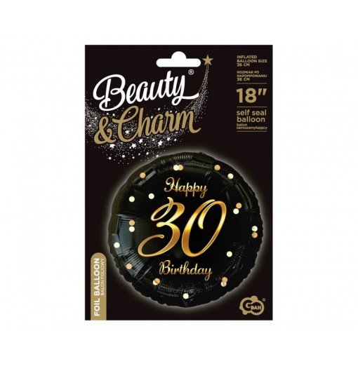 "Happy 30 Birthday" sort/guld folieballon, 18" / 46 cm Folieballoner