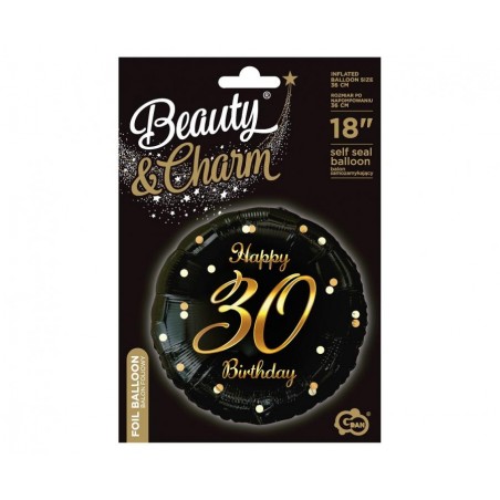 "Happy 30 Birthday" sort/guld folieballon, 18" / 46 cm - 1471