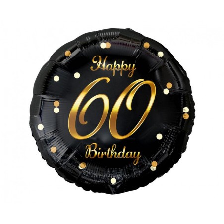 "Happy 60 Birthday" sort/guld folieballon, 18" / 46 cm - 1480