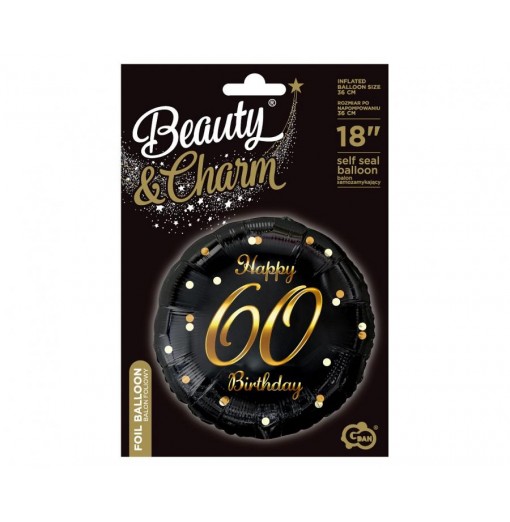 "Happy 60 Birthday" sort/guld folieballon, 18" / 46 cm Folieballoner