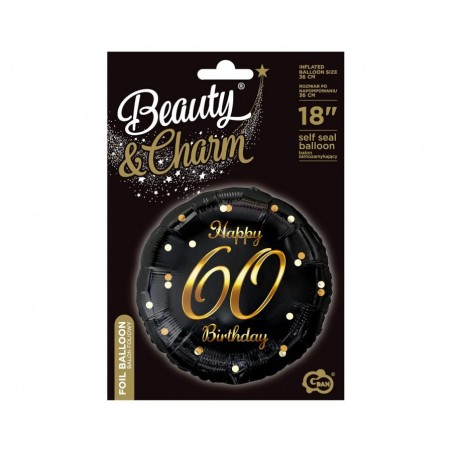 "Happy 60 Birthday" sort/guld folieballon, 18" / 46 cm - 1481