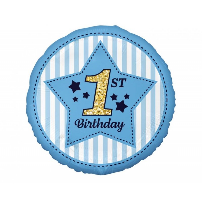 "1st Birthday" folieballon, blå, 18" / 46 cm Folieballoner