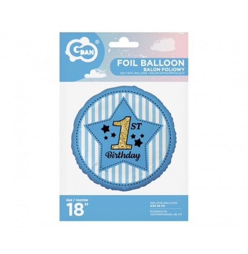"1st Birthday" folieballon, blå, 18" / 46 cm Folieballoner