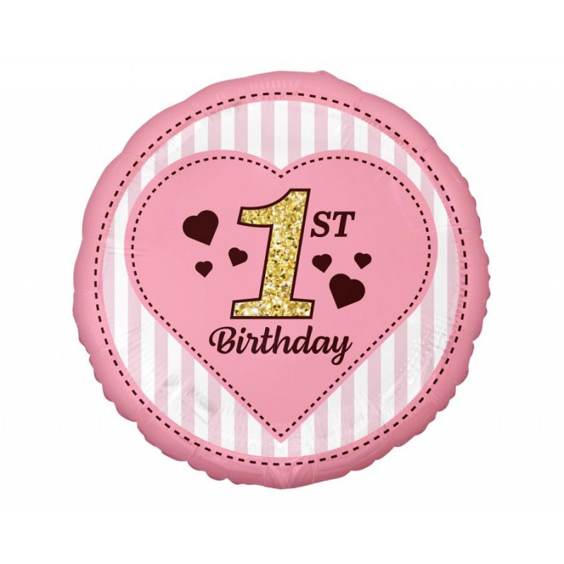 "1st Birthday" folieballon, lyserød, 18" / 46 cm Folieballoner