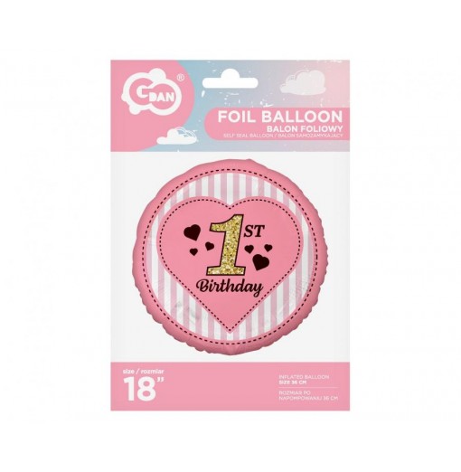"1st Birthday" folieballon, lyserød, 18" / 46 cm Folieballoner