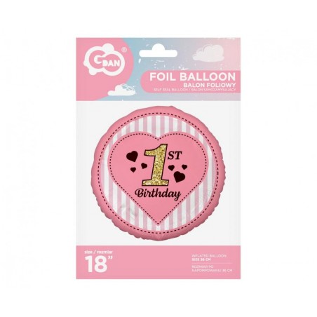 "1st Birthday" folieballon, lyserød, 18" / 46 cm - 1583