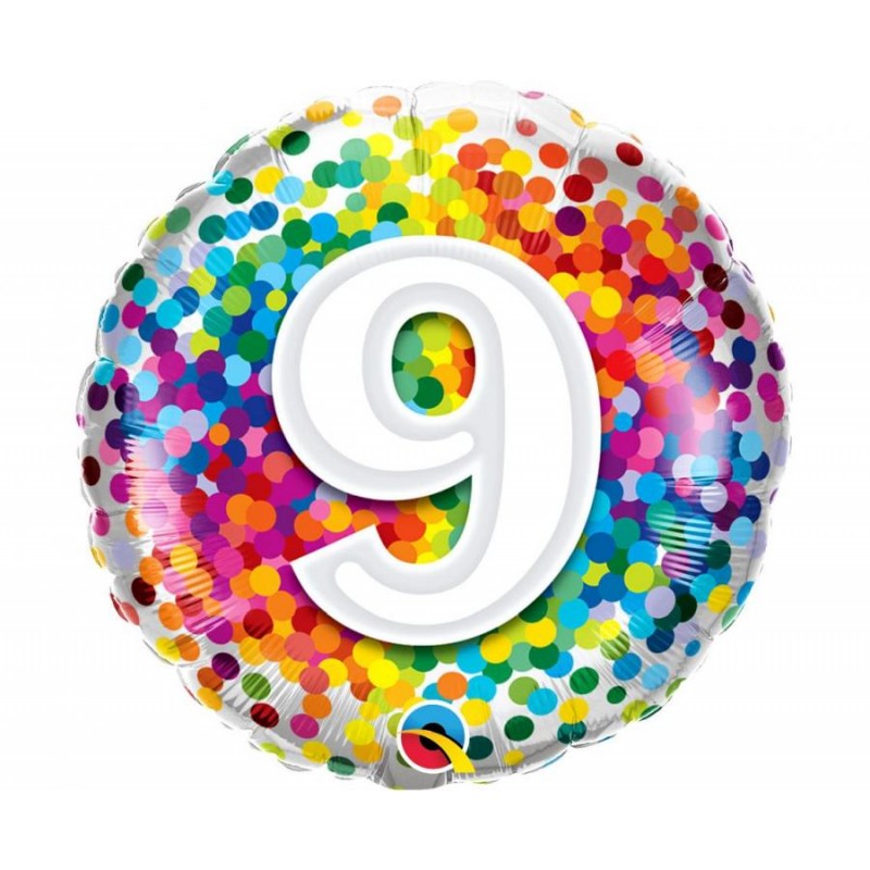 Regnbue konfetti 9 år, 18" / 46 cm Folieballoner